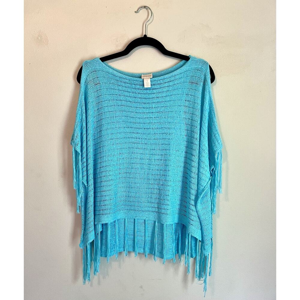 Chicos Aqua Blue Cold Shoulder Short Sleeve Fringe Shirt Womens 1